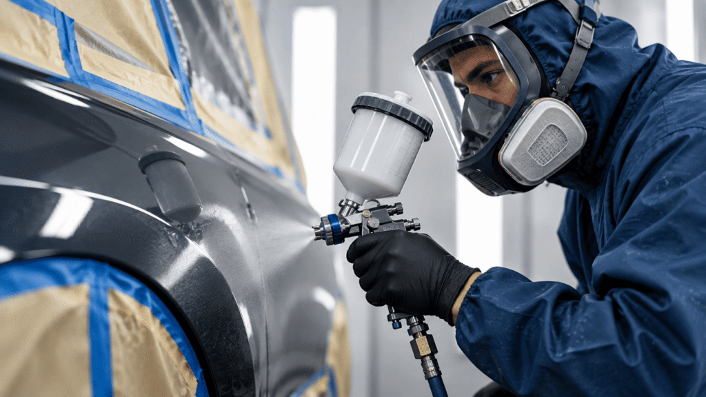 Technician applying automotive paint to a vehicle panel inside a professional paint booth