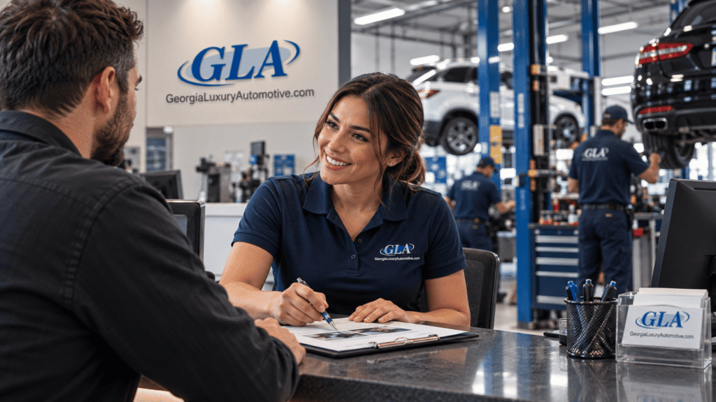 Georgia Luxury Automotive representative discussing repair paperwork with a customer