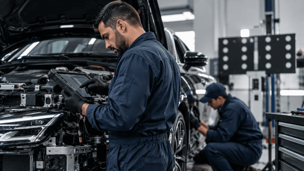Collision repair technician using diagnostic equipment on a modern vehicle